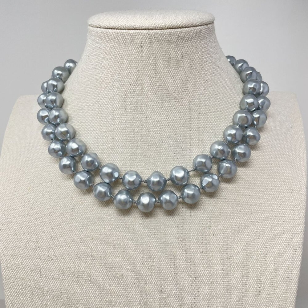 Vintage Marvella Double-Strand Gray Faux‎ Pearl Necklace Gold-Tone Bow Closure